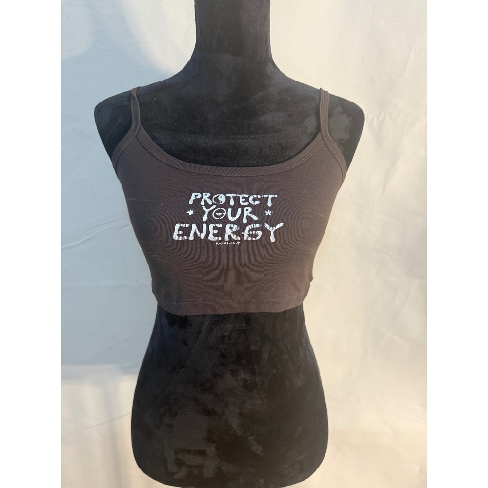 Los Angeles Apparel Protect Your Energy Brown Ribbed Cami Crop Top Small